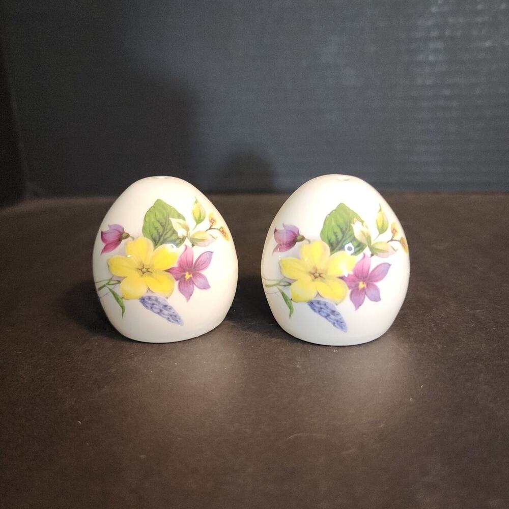 Sandford Bone China Egg Salt Pepper Shakers-Yellow, Purple Flowers, England